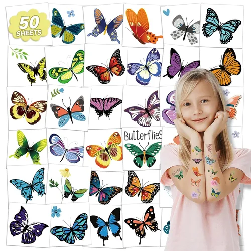 EMOME 50 hojas de tatuajes temporales de mariposa para niñas, tatuajes envueltos individualmente para fiestas de cumpleaños de mariposas,
