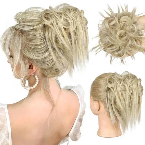 Miniatura 34 de HMD - Extensiones de cabello tipo chongo alborotado con rodelo despeinado, banda elástica de goma, extensiones de cabello sintético para mujer