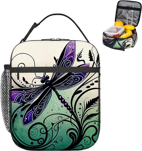 Miniatura 3 de OOZ Lonchera aislada para mujeres y hombres, linda libélula en negro y morado, reutilizable, a prueba de fugas, para adultos, oficina, almuerzo