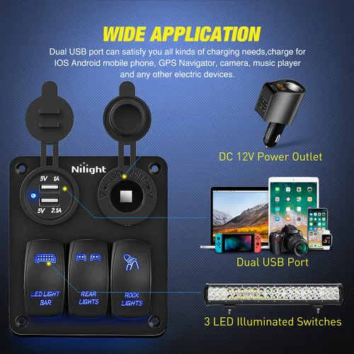 Miniatura 3 de Nilight Panel de Interruptor Basculante de 3 Posiciones con Cargador USB y Encendedor de Cigarrillos 12V 24V Barra de Luz LED Toggle Luces Traseras