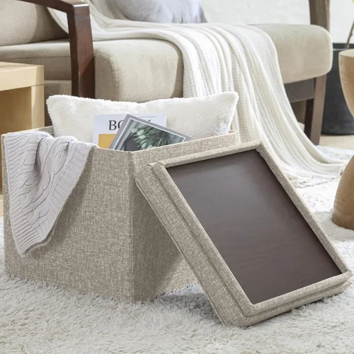 Ornavo Home Taburete otomano de almacenamiento cuadrado de lino, plegable, con cubo, reposapiés, con tapa de mesa, mesa auxiliar, otomana, 15 x 15 x