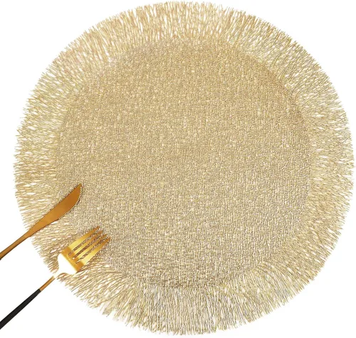 Miniatura 11 de FAVE Juego de 6 manteles individuales redondos de vinilo dorados, manteles individuales lavables calados con borlas para decoración de mesa, uso