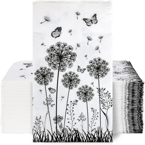 Whaline Paquete de 100 servilletas de papel desechables de diente de león, color blanco y negro, flores florales, mariposas, toallas de mano de