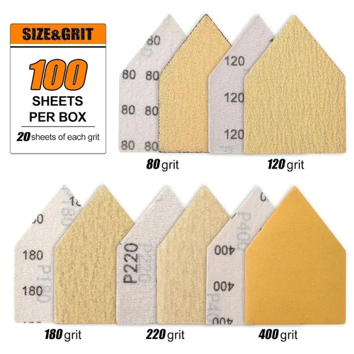 Miniatura 2 de POLIWELL 50 hojas de lijado triangulares de grano 40 de 3.543 in x 2.559 in, reemplazo de gancho y bucle, accesorios para lijadora de detalles