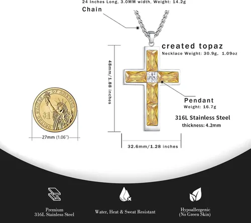 Miniatura 64 de Collar de cruz para hombre, piedras preciosas de color piedra natal de circonita cúbica, collar de acero inoxidable para hombre, cadena de 24