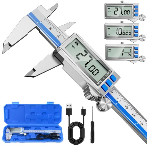 Miniatura 8 de Calibre digital, calibre Vernier recargable de acero inoxidable tipo C, conversión de F/MM/in, LCD grande, pinza de medición digital de carga USB