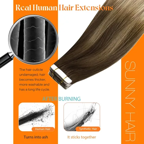 Miniatura 7 de Sunny Hair - Extensiones de cabello humano para mujer, con cinta adhesiva, Remy, castaño oscuro ombré, rubio dorado oscuro con efecto balayage