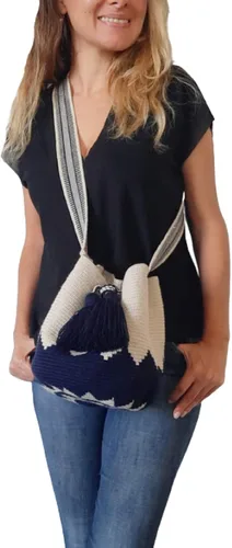 Miniatura 2 de Wayuu - Mochila para mujer, bolso de ganchillo, bolsas bohemias colombianas, hecha a mano con borlas grandes y bonitas, Azul y beige-mediano, M