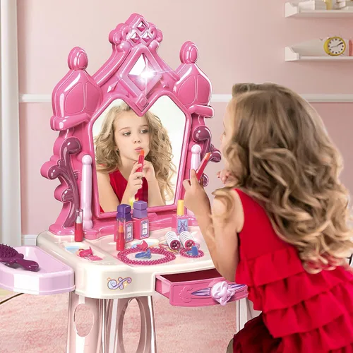 Miniatura 5 de Juego de mesa de maquillaje para niñas con taburete, juego de tocador para niños con luces y música, juego de salón de belleza para niños pequeños