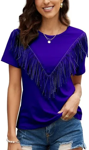 Miniatura 2 de PESION Camisas de manga corta con flecos para mujer, blusa con ribete de borlas