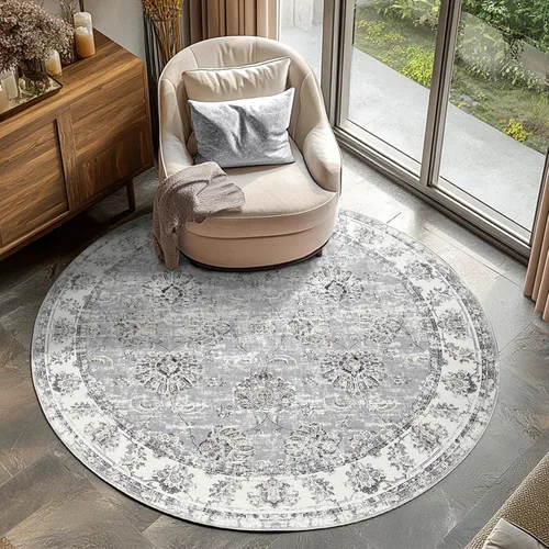 Miniatura 193 de Jinchan Fiora - Alfombra redonda de 8 pies, alfombras vintage con diseño floral envejecido, lavable a máquina, antideslizante, de pelo bajo, Azul