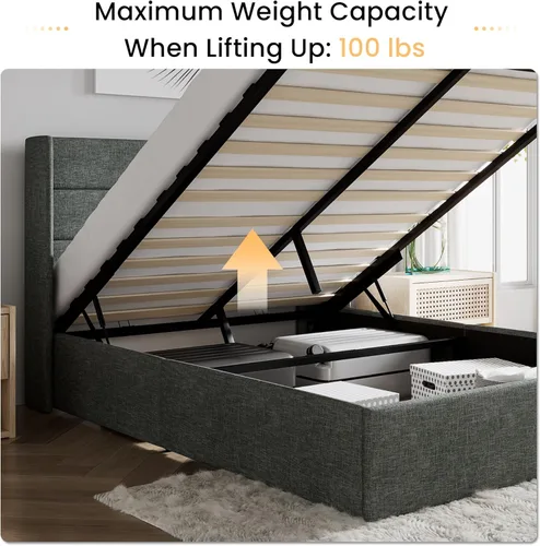 Miniatura 6 de SHA CERLIN Cama de Almacenamiento Elevable de Tamaño Completo/Cabecera Moderna Tipo Wingback/Marco de Cama Plataforma Tapizada/Almacenamiento Gris