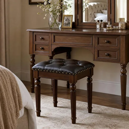 Miniatura 7 de Taburete de tocador blanco con asiento de cuero copetudo y patas de madera maciza talladas, banco de tocador de fácil montaje, taburete
