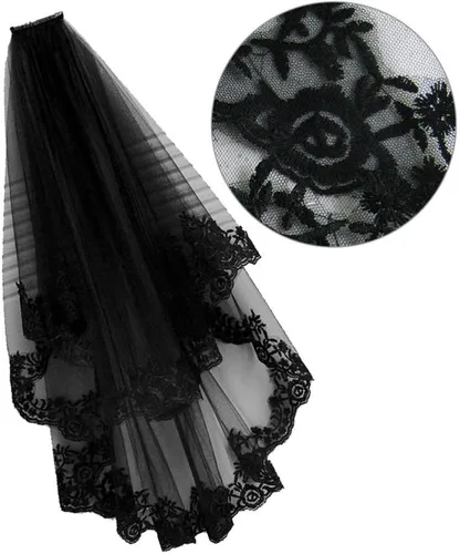 Miniatura 8 de NUOBESTY Velo de novia negro con peine velo de catedral nupcial velo de boda peine para el cabello de Halloween decorativo para novias y mujeres