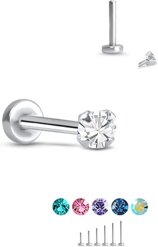 Miniatura 2 de 14K White Gold Labret Nose Ring Stud Surgical Steel Screw Post 3mm CZ 18G