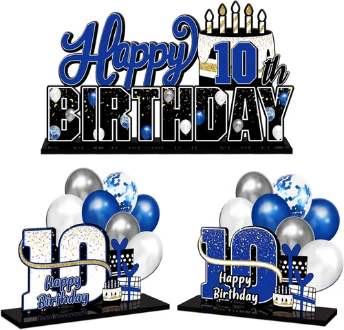 LINGTEER Feliz 10º Cumpleaños Juego de Centros de Mesa de Acrílico Azul para Mesa - Brindemos por Diez Años Decoraciones de Regalo de Fiesta de 10º