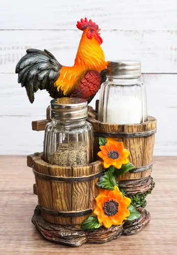 Miniatura 2 de Ebros Girasol Granja Gallo de pie en la valla por cubos de madera antiguos de cristal Salero y Pimentero Figura de soporte 6.5 pulgadas de alto