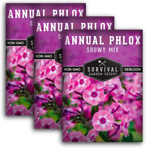 Survival Garden Seeds - Showy Mix anual Phlox Seed para plantar - 3 paquetes con instrucciones para plantar y cultivar hermosas flores silvestres