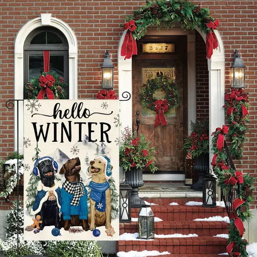 Miniatura 2 de AVOIN colorlife Bandera de Jardín Hello Winter Dog de 12x18 Pulgadas Doble Cara para Exterior, Bandera de Patio Exterior Rústica Estacional con Copo