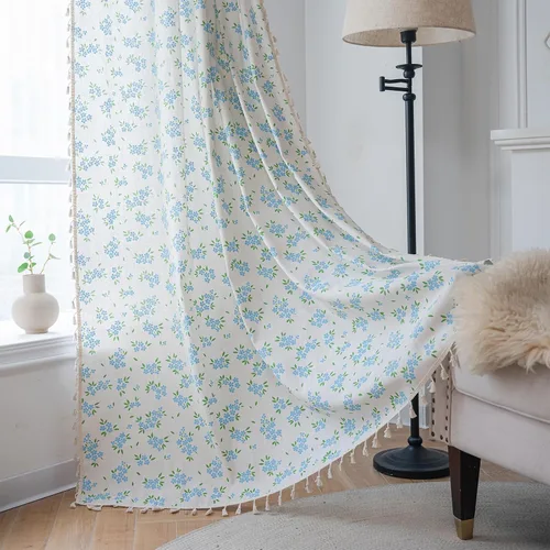 Miniatura 2 de ENJOYBRIDAL - Cortinas azules florales de 63 pulgadas, juego de 2 paneles, cortinas semi transparentes, cortinas cortas para sala de estar, bolsillo