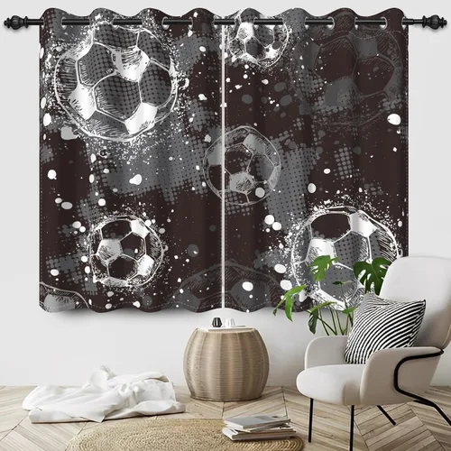 Miniatura 11 de Cortinas opacas de fútbol para dormitorio de niños, con temática deportiva, para sala de fútbol, cortinas de fútbol en blanco y negro