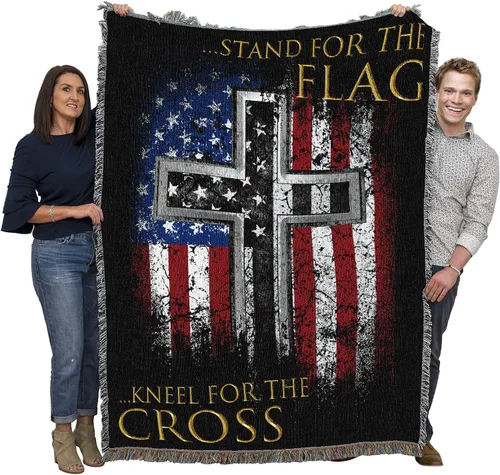 Pure Country Weavers Stand for The Flag Kneel for The Cross - Manta patriótica religiosa tejida de algodón, fabricada en los Estados Unidos (72 x 54