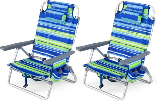 Miniatura 31 de Goplus Silla de playa, mochila plegable para adultos, sillas de playa con posiciones ajustables, almohada para la cabeza, bolsa refrigeradora
