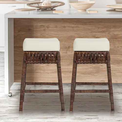 Miniatura 6 de JONATHAN Y Bali - Taburete de mimbre tejido de 25.6 pulgadas con cojín, taburete bohemio marrón oscuro con reposapiés para isla de cocina, bar