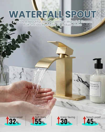 Miniatura 6 de ARCORA - Grifo de baño de cascada de oro cepillado, grifo mezclador de lavabo de baño con placa de cubierta y drenaje desplegable, 1 o 3 agujeros