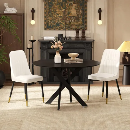 Miniatura 29 de RGZ Juego de mesa de comedor redonda negra de mediados de siglo para 2, mesa de cocina pequeña de madera circular de 36 pulgadas y 2 sillas