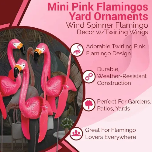 Miniatura 5 de Fun Express Juego de 6 adornos de mini flamencos rosados para patio, molinillos de viento para exteriores con alas giratorias, regalos de decoración