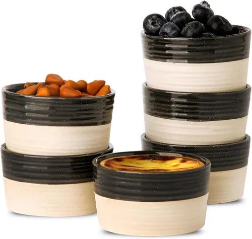 Hasense Juego de 6 moldes de porcelana de 3 onzas, aptos para horno, color negro y gris ceniza, para creme brulee, souffle, inmersión y postres,