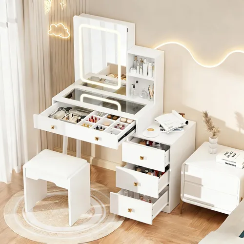 Miniatura 13 de KAMABOKO Escritorio de tocador con luz y espejo, mesa de maquillaje blanca con cajones y estación de carga, 3 modos ajustables para dormitorio y 042