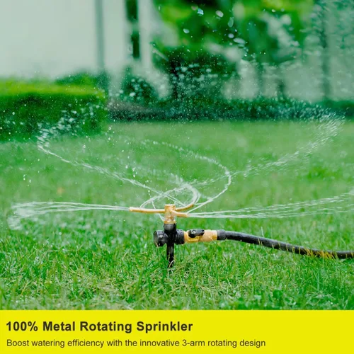 Miniatura 2 de FANHAO Paquete de 2 aspersores de metal para patio con base de pico, rociador de agua de 3 brazos, sistema de rociadores de jardín rotativos