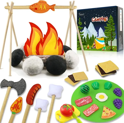 45 piezas de juguete de fogata para niños, juguetes de campamento para niños pequeños, juego de fogata de fieltro con frutas cortadas de simulación,