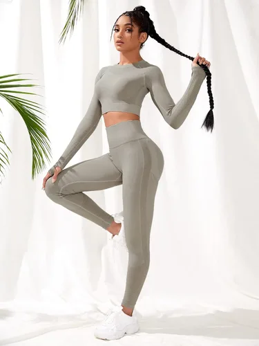 Miniatura 3 de Milumia Conjunto de entrenamiento de 2 piezas de cintura alta sin costuras para mujer, de manga larga, para ir al trabajo, yoga, talla L