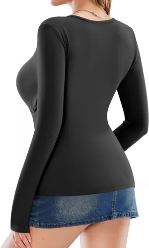 Miniatura 2 de MANGOPOP Camiseta de manga larga con cuello en V profundo y fruncido para mujer