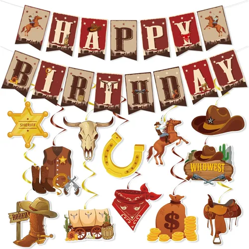 Decoraciones de fiesta de cumpleaños de vaquero occidental, 29 piezas de decoración de fiesta temática de vaquero, remolinos colgantes, serpentinas,