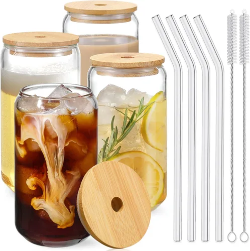 Miniatura 10 de NETANY Juego de 8 piezas: vasos para beber con tapas de bambú y popote de vidrio, vasos de vidrio de 16 onzas, vasos de cerveza, vasos de café