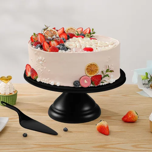 Miniatura 2 de ECOWAY Soporte de fibra de bambú para tartas de 12 pulgadas con espátula para pasteles, soporte redondo negro para cupcakes, soporte grande