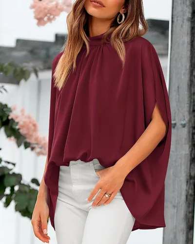 Miniatura 117 de BTFBM Blusas de verano para mujer, cuello alto falso, manga murciélago, holgadas, dobladillo alto y bajo, blusas informales de gran
