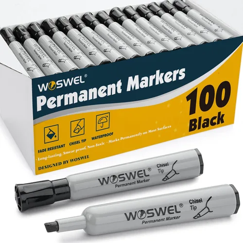 WOSWEL Paquete de 100 marcadores permanentes a granel, punta de cincel, negro, marcadores permanentes grandes y grandes, marcadores de punta ancha,