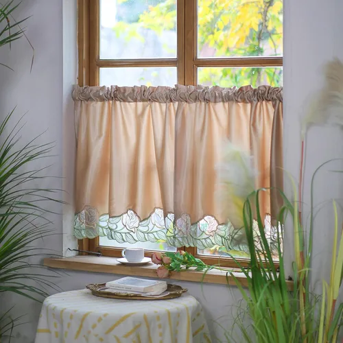Miniatura 5 de SUTAVIA Juego de 2 cortinas clásicas de encaje rosa para cocina, cortinas de cafetería, cortinas de satén dorado con bolsillo para barra