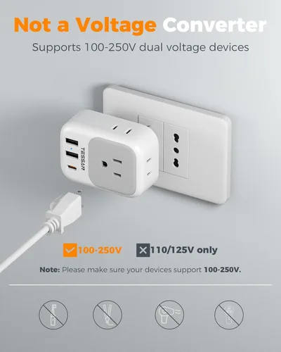 Miniatura 6 de Adaptador de enchufe de viaje para Italia, paquete de 2, adaptador de corriente TESSAN Italia con 4 tomacorrientes, 3 cargadores USB