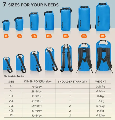 Miniatura 3 de Bolsa seca Unigear impermeable, 2L/5L/10L/20L/30L/40L, Bolsas flotantes y ligeras para kayak, navegación, pesca, natación y camping con funda Azul