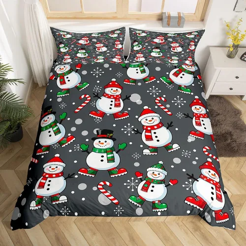 Miniatura 7 de Juego de ropa de cama de 3 piezas con diseño de muñeco de nieve, funda de edredón con temática de invierno, funda de edredón con temática de Feliz