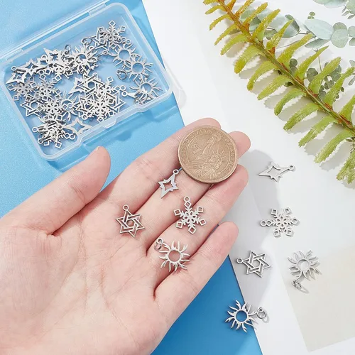 Miniatura 2 de DICOSMETIC 24 dijes de copos de nieve de Navidad de acero inoxidable, dijes de nieve de invierno, colgantes de vacaciones para pulseras, collares