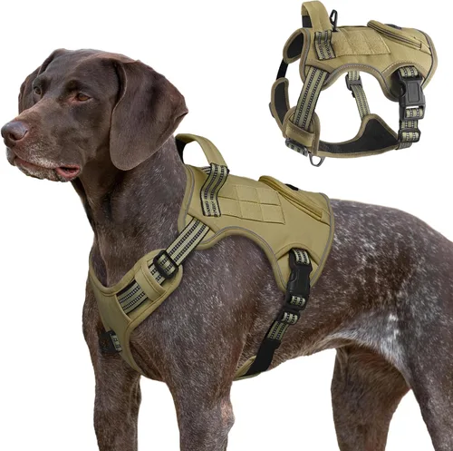 Arnés táctico para perros grandes, chaleco de servicio militar resistente sin tirones con asa de control y 4 parches, arnés ajustable reflectante