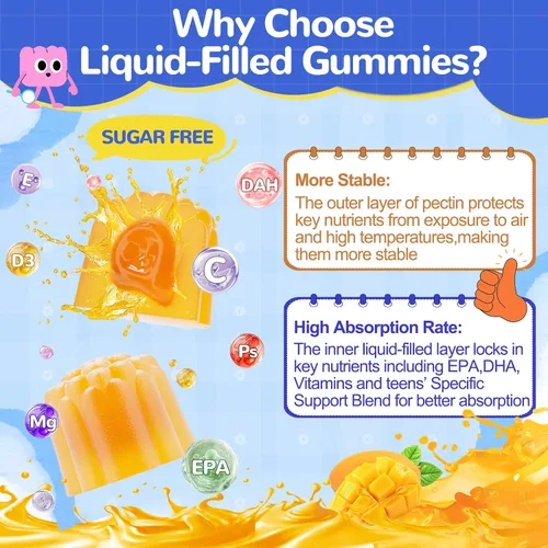 Miniatura 6 de Gomitas Omega-3 de 1000 mg para adolescentes: alternativa vegana al aceite de pescado Omega 3 Suplementos con algas Omega 3 EPA DHA Vitamina D3 C