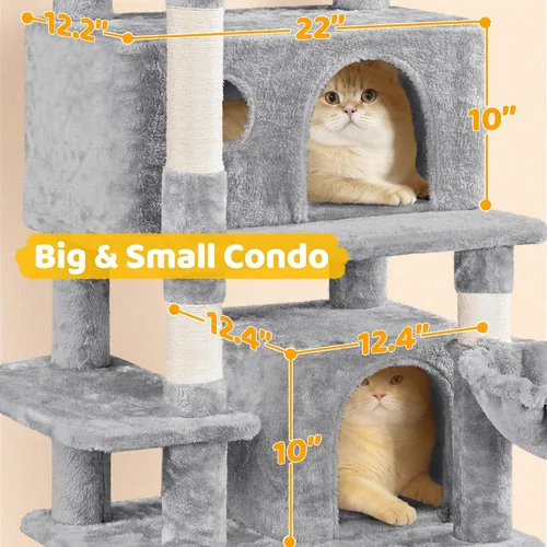 Miniatura 9 de Yaheetech Árbol para gatos, torre grande de 67 pulgadas con 3 palitos extraíbles, 2 perchas en forma de orejas de gatito, 2 condominios, hamaca